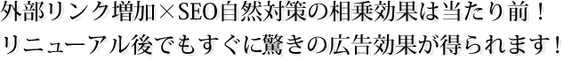外部リンク増加×SEO自然対策の相乗効果は当たり前!リニューアル後でもすぐに驚きの広告効果が得られます! 外部リンク増加×SEO自然対策の相乗効果は当たり前!リニューアル後でもすぐに驚きの広告効果が得られます!